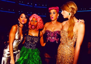LOS ANGELES, CA - NOVEMBER 20:  (L-R) Singers Selena Gomez, Nicki Minaj, Katy Perry and Taylor Swift at the 2011 American Music Awards held at Nokia Theatre L.A. LIVE on November 20, 2011 in Los Angeles, California.  (Photo by Lester Cohen/AMA2011/WireImage)